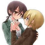 blonde_hair blue_eyes blush brown_eyes brown_hair couple erica_hartmann eye_contact gertrud_barkhorn hand_on_shoulder holding_hands interlocked_fingers looking_at_another looking_down looking_up masarou military military_uniform multiple_girls open_clothes open_shirt shirt smile sports_bra strike_witches sweatdrop uniform world_witches_series yuri 