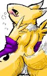  amber_eyes anus back blush butt canine digimon elbow_gloves female fox looking_at_viewer looking_back panting pussy pussy_juice renamon sitting solo tail unknown_artist yellow 