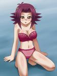  1girl akiza_izinski awa blush bra breasts brown_eyes cleavage embarrassed izayoi_aki kneeling large_breasts lingerie panties pink_bra pink_panties red_hair strapless strapless_bra underwear yu-gi-oh! yugioh_5d&#039;s yuu-gi-ou_5d's 