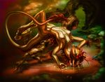  dragon female forest golden green_eyes hi_res huge mariecannabis nude outside red_hair scalie sixthleafclover solo sprawled swamp tree trees water 