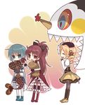  akebi_(kakororo) apple blonde_hair blue_eyes blue_hair charlotte_(madoka_magica) chibi closed_eyes comforting drill_hair fang food fruit long_hair magical_girl mahou_shoujo_madoka_magica mami_mogu_mogu miki_sayaka multiple_girls object_hug oktavia_von_seckendorff open_mouth ponytail red_eyes red_hair sakura_kyouko short_hair smile spoilers taiyaki tears thighhighs tomoe_mami twin_drills twintails wagashi 