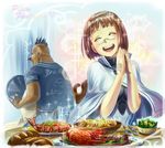  1boy 1girl bad_id bad_pixiv_id bread breasts brown_hair chair closed_eyes copyright_name cup dark_skin fat fat_man fish food fork glasses hands_together happy iceojin medium_breasts open_mouth own_hands_together pixiv_fantasia pixiv_fantasia_5 plate saliva short_hair shrimp smile sparkle spoon sweatdrop table tray vegetable water 
