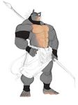  male mammal muscles plain_background polearm pose raikenji rhino rhinoceros solo spear tattoo topless white_background 