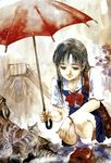  absurdres bag black_hair cat copyright_request highres light_smile long_hair mikimoto_haruhiko rain school_uniform solo squatting traditional_media umbrella watercolor_(medium) 