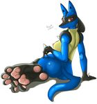  blue_body breasts english_text female foot_focus hi_res hindpaw lucario nintendo nipples pawpads paws plain_background pok&#233;mon pok&#233;morph pok&eacute;mon red_eyes solo text ticklishways toes video_games white_background zp92 