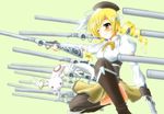  asahi_(ge_nyu) bad_id bad_pixiv_id beret blonde_hair blurry boots breasts brown_legwear convenient_leg corset depth_of_field detached_sleeves drill_hair dual_wielding fingerless_gloves gate_of_babylon gloves gun hair_ornament hairpin hat holding kyubey magical_girl magical_musket mahou_shoujo_madoka_magica medium_breasts one_eye_closed perspective pleated_skirt puffy_sleeves ribbon rifle skirt squatting striped striped_legwear thighhighs tomoe_mami twin_drills twintails vertical-striped_legwear vertical_stripes weapon yellow_eyes zettai_ryouiki 