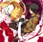  1girl araragi_koyomi bakemonogatari black_hair blonde_hair dress elbow_gloves gintarou_(kurousagi108) gloves kiss-shot_acerola-orion_heart-under-blade long_hair monogatari_(series) yellow_eyes 