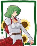  ascot bangs belt blush breast_hold breasts buckle covered_nipples dress_shirt flower frills green_hair highres impossible_clothes impossible_shirt kazami_yuuka large_breasts leaning_back plaid plaid_skirt plaid_vest profile puffy_sleeves red_eyes shirt short_hair skirt skirt_set solo sunflower taut_clothes taut_shirt touhou vest white_background yuro 
