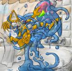  2002 anal anal_penetration blush canine chaos_(sonic) cum cumshot fox gay goo gree human_feet kitsune male miles_prower multiple_tails orange orgasm penetration penis sonic_(series) tail tentacles 