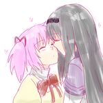  akemi_homura black_hair capelet closed_eyes couple hair_ribbon hairband heart imminent_kiss kaname_madoka long_hair mahou_shoujo_madoka_magica michigan mitakihara_school_uniform multiple_girls pink_hair puffy_sleeves ribbon school_uniform short_twintails twintails yuri 