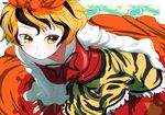  animal_print bad_id bad_pixiv_id black_hair blonde_hair from_above hair_ornament multicolored_hair reclining short_hair smile solo tiger_print toramaru_shou touhou two-tone_hair yamada_ranga yellow_eyes 