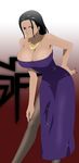  absurdres black_hair blue_eyes breasts chain chains cleavage dress highres legs long_hair long_image nico_robin one_piece pantyhose smile stiky_finkaz strapless strapless_dress tall_image 