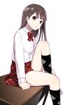  :o bangs brown_eyes brown_hair desk from_side hair_ornament hairclip katase_yuu kneehighs legs long_hair long_sleeves looking_at_viewer original parted_lips plaid plaid_skirt school_desk school_uniform sitting skirt socks solo thighs 