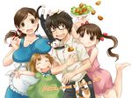  &gt;_&lt; 3girls :3 :d ^_^ apron bad_id bad_pixiv_id barefoot blush blush_stickers breast_rest breasts breasts_on_head brown_eyes brown_hair cat child chopsticks closed_eyes dress english family food glasses happy hug huge_breasts kawamoto_akari kawamoto_hinata kawamoto_momo kiriyama_rei long_hair multiple_girls open_mouth outstretched_arms sangatsu_no_lion short_hair smile spread_arms sweatdrop takagi_hideaki twintails x3 