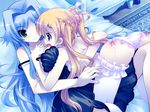  aqua_eyes ass bed blonde_hair blue_eyes blue_hair braid chime_milhawks frills game_cg garter_belt highres long_hair multiple_girls panties primary_~magical_trouble_scramble~ serafina_milhawks smile thighhighs tsurugi_hagane twintails underwear white_legwear 