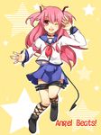  ;d angel_beats! ankle_lace-up ayame_(norie11) cross-laced_footwear long_hair one_eye_closed open_mouth pink_hair red_eyes school_uniform serafuku smile solo tail two_side_up yui_(angel_beats!) 