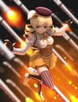  3d beret blonde_hair blurry boots breasts brown_legwear corset depth_of_field detached_sleeves drill_hair eye_reflection fingerless_gloves floating foreshortening gate_of_babylon gloves gun hair_ornament hairpin hat highres large_breasts light_smile magical_girl magical_musket mahou_shoujo_madoka_magica outstretched_arms perspective pleated_skirt puffy_sleeves reflection ribbon rifle shirt short_hair siraha skirt solo spread_arms striped striped_legwear taut_clothes taut_shirt thighhighs tomoe_mami twin_drills twintails vertical-striped_legwear vertical_stripes weapon yellow_eyes zettai_ryouiki 