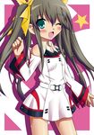  bare_shoulders blush brown_hair detached_sleeves fang green_eyes hair_ribbon huang_lingyin infinite_stratos isa_(ni-iro) long_hair one_eye_closed open_mouth ribbon school_uniform solo twintails 