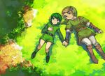  1girl blonde_hair blue_eyes boots earrings gloves green_eyes green_footwear green_hair holding_hands jewelry link lying muse_(rainforest) nature pointy_ears saria the_legend_of_zelda the_legend_of_zelda:_ocarina_of_time the_legend_of_zelda:_twilight_princess 