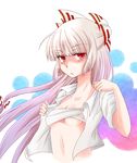  bow budget_sarashi creamy_mamiwo fujiwara_no_mokou gradient_hair hair_bow highres long_hair midriff multicolored_hair navel open_clothes open_shirt red_eyes sarashi shirt sidelocks solo touhou undressing upper_body white_shirt 