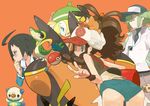  2girls ahoge ass baseball_cap bel_(pokemon) beret blonde_hair brown_hair cheren_(pokemon) gen_1_pokemon gen_5_pokemon hat long_hair multiple_boys multiple_girls n_(pokemon) orange_background oshawott pignite pikachu poke_ball poke_ball_(generic) pokemon pokemon_(creature) pokemon_(game) pokemon_bw ponytail short_shorts shorts simple_background snivy tepig thighs touko_(pokemon) very_long_hair void_cube yuuki_(irodo_rhythm) 