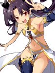  1girl bangs bare_shoulders black_bow black_hair black_sleeves bow breasts cleavage collar detached_collar detached_sleeves earrings eyebrows_visible_through_hair fate/grand_order fate_(series) hair_bow hakka_(88hk88) highres hoop_earrings ishtar_(fate/grand_order) jewelry long_hair long_sleeves navel open_mouth red_eyes simple_background single_detached_sleeve single_thighhigh small_breasts smile solo thighhighs tiara two_side_up very_long_hair white_background 