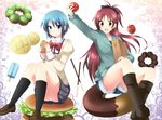  apple food fruit inui_nagi long_hair mahou_shoujo_madoka_magica miki_sayaka mitakihara_school_uniform multiple_girls ponytail sakura_kyouko school_uniform short_hair 