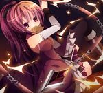  bad_id bad_pixiv_id bare_shoulders blush boots chain detached_sleeves long_hair magical_girl mahou_shoujo_madoka_magica mouth_hold polearm ponytail rairateru red_eyes red_hair sakura_kyouko solo spear thighhighs weapon 