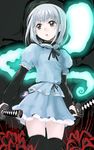  alternate_costume black_background black_legwear bob_cut flower frills ghost hitodama katana konpaku_youmu konpaku_youmu_(ghost) long_sleeves looking_away magatama parted_lips puffy_sleeves ribbon scabbard sheath sheathed shin_(mintia000) short_hair short_over_long_sleeves short_sleeves silver_eyes silver_hair simple_background solo spider_lily standing sword thighhighs touhou weapon zettai_ryouiki 