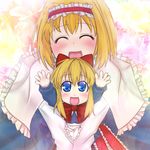  :d ^_^ alice_margatroid arms_up blonde_hair blue_dress blue_eyes capelet closed_eyes dress hairband long_hair open_mouth shanghai_doll short_hair smile solo_focus tori_(minamopa) touhou 