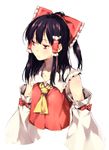  :/ ascot bare_shoulders black_hair bow detached_sleeves hair_bow hair_tubes hakurei_reimu looking_away ponytail red_eyes sarashi short_hair simple_background solo subachi touhou upper_body 