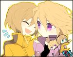  1girl amesawa_mokke bad_id bad_pixiv_id blonde_hair bruce_lee's_jumpsuit closed_eyes fang huang_baoling ivan_karelin jacket jumpsuit letterman_jacket open_mouth purple_eyes purple_jacket short_hair tiger_&amp;_bunny 