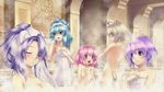  agarest_senki_(series) agarest_senki_2 aina_(agarest_senki) animal_ears blonde_hair blush closed_eyes eva_(agarest_senki) felenne_(agarest_senki) fiona_(agarest_senki) flat_chest game_cg green_hair hirano_katsuyuki long_hair multiple_girls nude onsen open_mouth pink_hair purple_eyes purple_hair short_hair steam tail towel victoria_(agarest_senki) wading water wet 