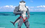  2009 abs beach black_eyes cetacean dorsal_fin erection fabfelipe fin gills invalid_tag looking_at_viewer male marine muscles ocean penis pose seaside shark smile solo speedo tail underwear water wet 