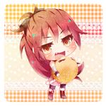  blush boots chibi eating fang food food_on_face long_hair mahou_shoujo_madoka_magica open_mouth ponytail red_eyes red_hair sakura_kyouko smile solo thighhighs tottsuan 