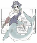  antique_firearm artist_request blue_hair bottomless bracelet breasts breasts_outside dual_wielding epaulettes firearm gloves gun handgun hat holding jewelry large_breasts mermaid monster_girl nipples open_clothes open_vest original pirate_hat pistol pointy_ears red_eyes scar shark_fin shark_girl short_hair single_glove skull_and_crossbones smile solo spiked_bracelet spikes trigger_discipline vest weapon 