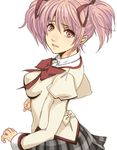  bad_id bad_pixiv_id kaname_madoka lips mahou_shoujo_madoka_magica mitakihara_school_uniform parted_lips pink_eyes pink_hair plaid plaid_skirt school_uniform short_hair short_twintails simple_background skirt solo twintails xox_xox_xox 