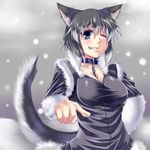  blue_eyes canine collar dog dog_ears doggirl female leash mammal one_eye_closed snow solo tail unknown_artist 