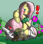  &lt;3 2011 angel_(mlp) anthro anthrofied blush breasts butt clothed clothing coppertone cutie_mark embarrassed equine female feral fluttershy_(mlp) friendship_is_magic fur hair hooves horse kneeling lagomorph looking_back mammal my_little_pony pegasus pink_hair pony rabbit theburningdonut white_fur wings yellow_body 