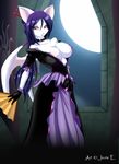  bat big_breasts boobarella breasts collar female goth jessica_elwood looking_at_viewer moon purple_hair red_eyes solo standing white wings 