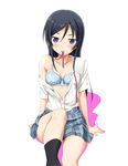  aragaki_ayase arm_support bad_id bad_pixiv_id bare_shoulders black_hair blue_eyes blush bra dress_shirt grin lingerie long_hair mouth_hold naughty_face off_shoulder open_clothes open_shirt ore_no_imouto_ga_konna_ni_kawaii_wake_ga_nai plaid plaid_skirt ribbon ribbon_in_mouth shirt simple_background sitting skirt smile solo underwear utamaru_(konomix) 