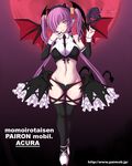  acura_(momoiro_taisen_pairon) demon_girl front-tie_top hair_over_one_eye jema midriff momoiro_taisen_pairon moon navel original pointy_ears purple_hair solo standing succubus thighhighs twintails wings yellow_eyes 