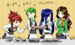 4girls ahoge apron arty_(pokemon) belt blue_eyes blue_hair blush bow bowtie breasts brown_hair bust cooking corn_(pokemon) dent_(pokemon) everyone female frown genderswap green_eyes green_hair group gym_leader hair_bow hair_over_one_eye large_breasts long_hair multiple_girls necktie open_mouth pod_(pokemon) pokemon pokemon_(game) pokemon_black_and_white pokemon_bw ponytail red_eyes red_hair scarf short_hair siblings smile tie twintails upper_body waitress 