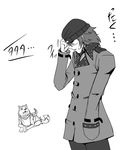  aragaki_shinjirou beanie blush casual greyscale hat koromaru monochrome persona persona_3 persona_3_portable suta_furachina trench_coat 