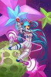  blue_hair bodysuit copyright_request covered_nipples erect_nipples gun hector_enrique_sevilla_lujan highres long_hair mole open_mouth purple_eyes solo space star star_(sky) very_long_hair weapon wide_hips 