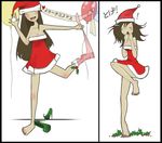  ! 2koma artist_self-insert balloon barefoot blush breasts brown_hair christmas cleavage collarbone comic d: eyes_closed feet hand_over_mouth happy hat hat_over_one_eye heart high_heels highres holly leg_lift legs long_hair nail_polish no_shoes open_mouth original ouch pain salute santa_costume santa_hat santa_suit shoes single_thighhigh sketch smile thighhighs tiptoes toenails toes undressing 