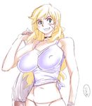  blonde_hair breasts cleavage covered_nipples green_eyes grin huge_breasts isami long_hair midriff original sketch smile solo underwear underwear_only 