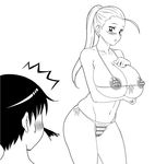  1girl ahoge bikini blood blush breasts cameltoe embarrassed front-tie_top greyscale hasunuma_riko hero_(do-belman) highres huge_breasts legs long_hair micro_bikini monochrome nosebleed ponytail side-tie_bikini solo_focus striped striped_bikini striped_swimsuit swimsuit terao thighs 