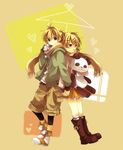  1girl anzu_(o6v6o) back-to-back blonde_hair boots casual hair_ornament hairclip heart holding_hands kagamine_len kagamine_rin object_hug panda scarf shared_scarf short_hair standing stuffed_animal stuffed_panda stuffed_toy suki_kirai_(vocaloid) vocaloid 