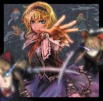  alice_margatroid blonde_hair blurry bow capelet depth_of_field glowing glowing_eyes green_eyes hair_bow hairband highres ichimi_tougarashi lips motion_blur outstretched_arms outstretched_hand shanghai_doll short_hair solo spread_arms string touhou 